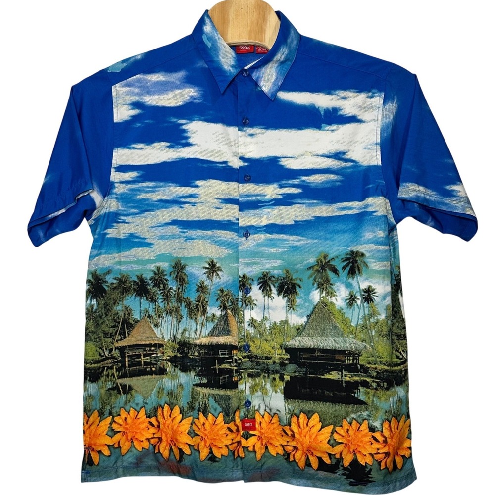 Mossimo Men Large Blue Tropical Landscape Palm Tree Short Sleeve Button Up Shirt